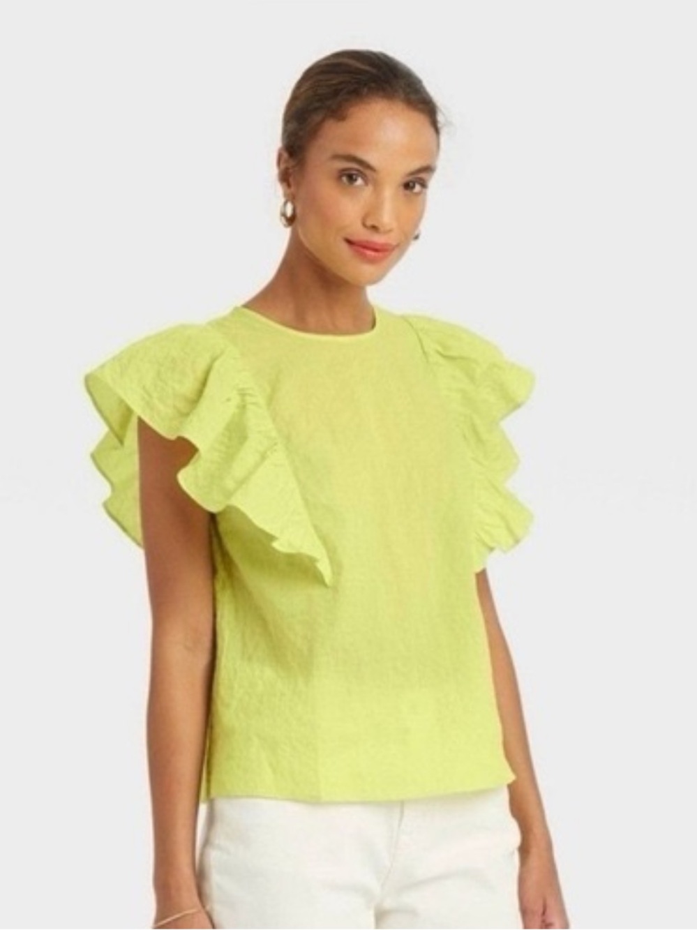 A New Day Lime Green Flutter Sleeve Cotton Blouse Size XS